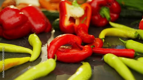Slow motion background video of red chili peppers falling on vegetables. Cooking spicy spicy dishes at home in the kitchen. High quality FullHD footage