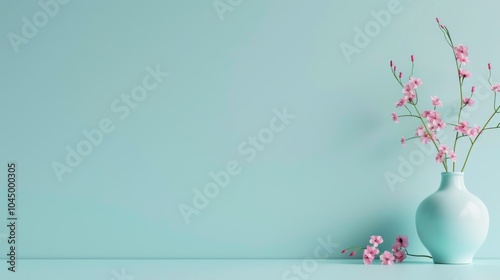 Minimalistic Background with Solid Light Blue Color and Pink Flower Vase