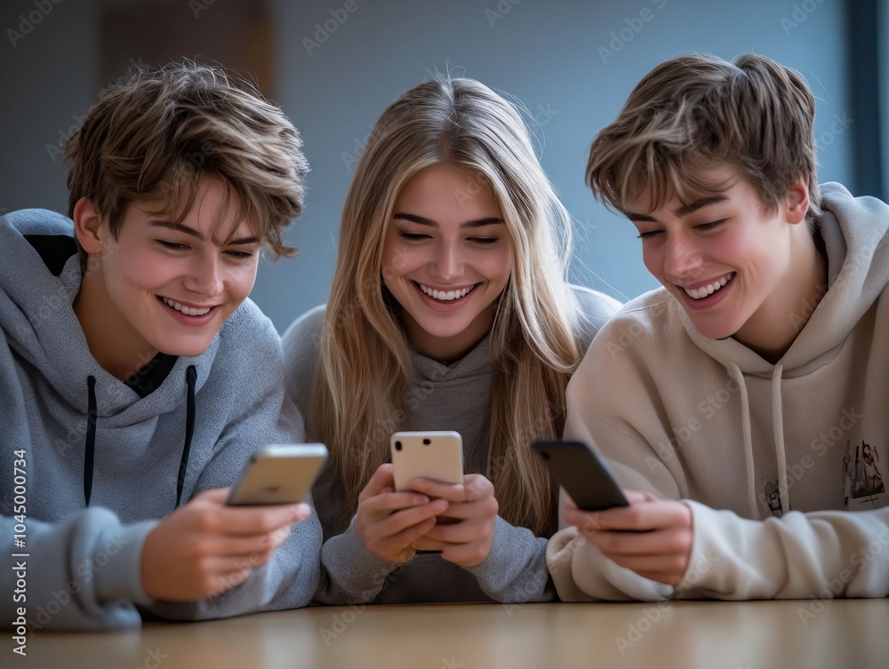 Three young people looking at their cell phones Three young people looking at their cell phones