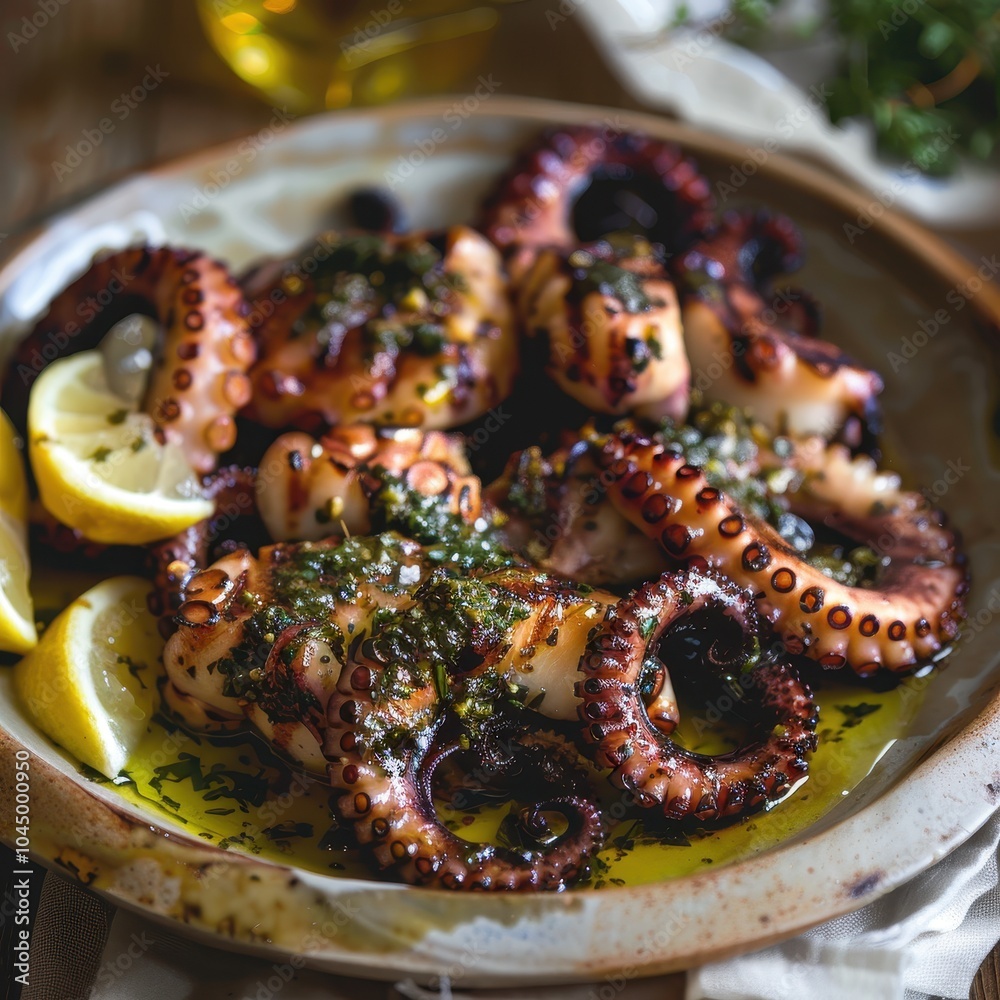 A dish of octopus, grilled to perfection and served with a drizzle of olive oil and a sprinkle of oregano, accompanied by lemon wedges A dish of octopus, grilled to perfection and served with a drizzle of olive oil and a sprinkle of oregano, accompanied by lemon wedges