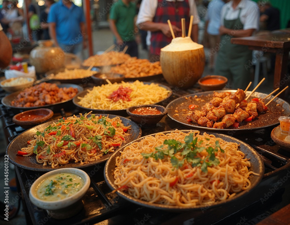 Vibrant Street Food Market With Noodles and Skewers Vibrant Street Food Market With Noodles and Skewers