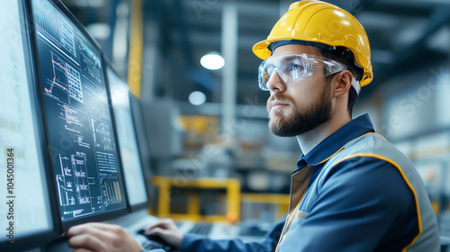 Engineer analyzing data on computer screen in industrial environment