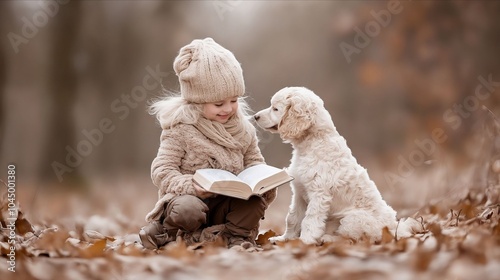 Wallpaper Mural A little girl sitting in the leaves reading a book to a dog Torontodigital.ca