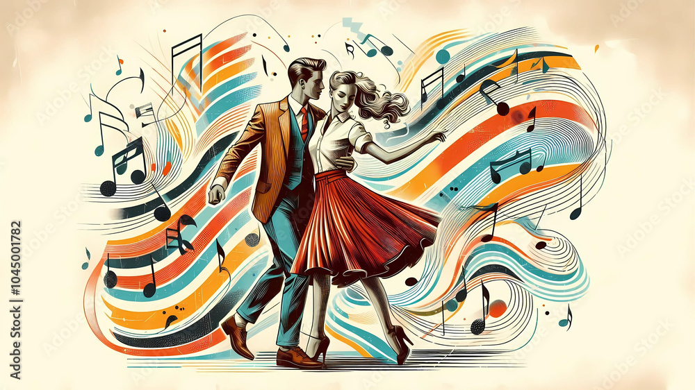 Naklejka premium A young, fashionable couple grooves in sync, surrounded by flowing wavy lines.
