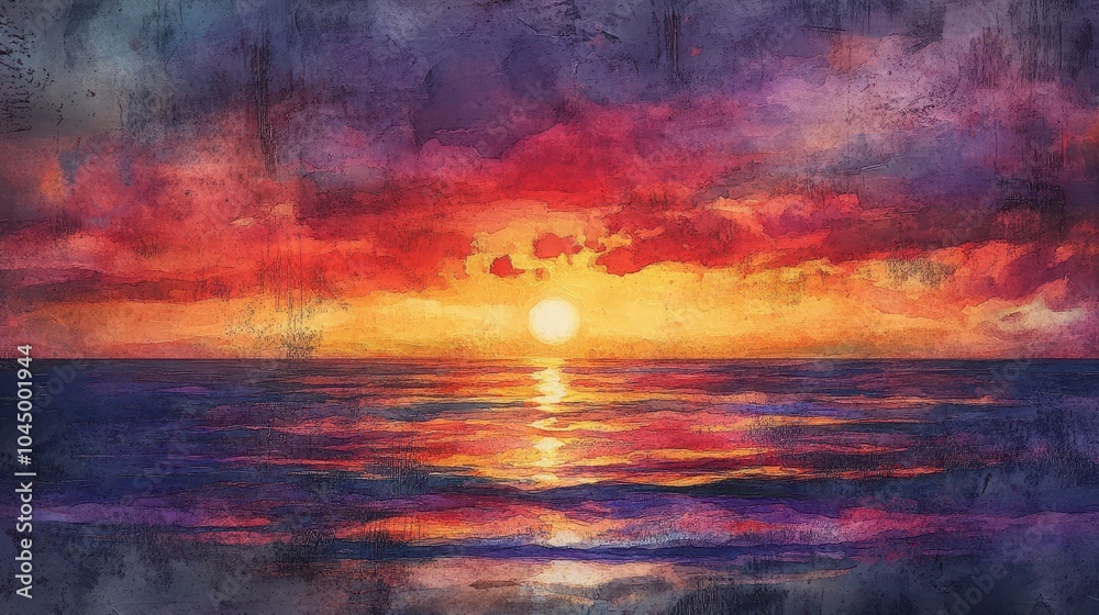 Bold sunset hues reflecting on the ocean blending into a grunge background wallpaper