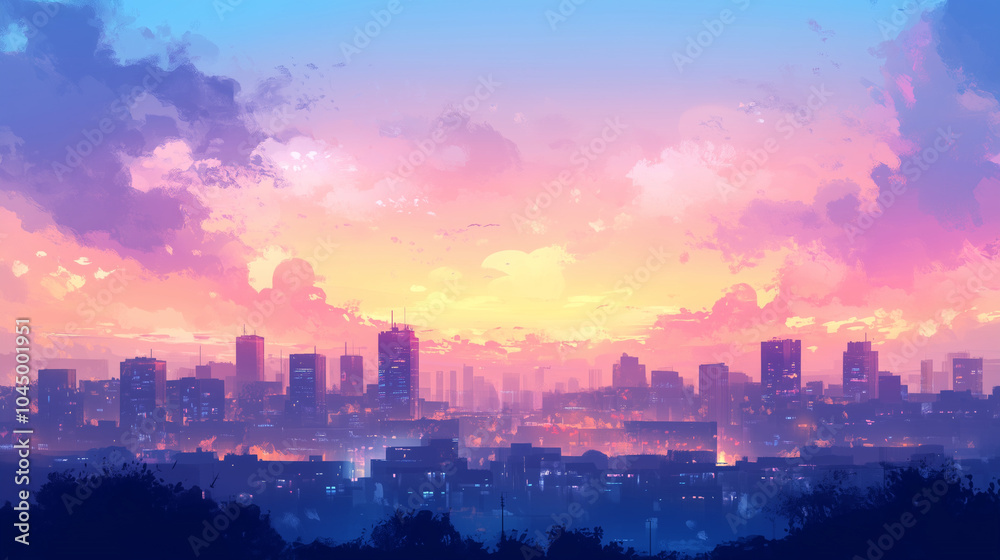 Fototapeta premium A serene pastel-coloured city skyline at sunset capturing the tranquility and beauty of urban landscapes