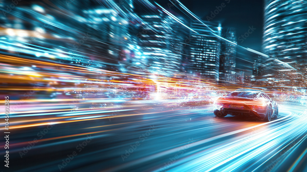 sleek car speeds through vibrant, neon lit cityscape, leaving trails of light in its wake, capturing essence of motion and excitement sleek car speeds through vibrant, neon lit cityscape, leaving trails of light in its wake, capturing essence of motion and excitement
