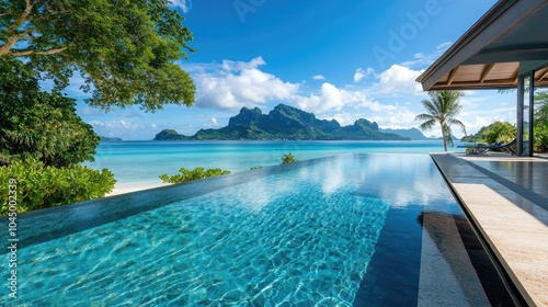 Infinity pool with crystal-clear water and views of a tropical beach, capturing the essence of luxury and relaxation