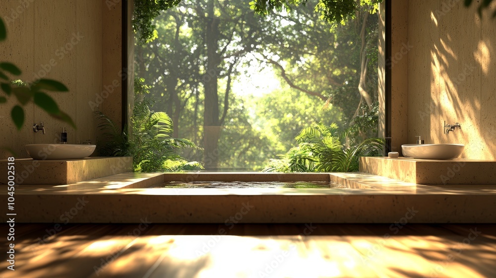 Modern Bathroom with Forest View Render:Luxurious Bathroom.Concept of luxurious bathroom design, natural light, forest view, relaxation, spa-like atmosphere, home construction inspiration. Modern Bathroom with Forest View Render:Luxurious Bathroom.Concept of luxurious bathroom design, natural light, forest view, relaxation, spa-like atmosphere, home construction inspiration.