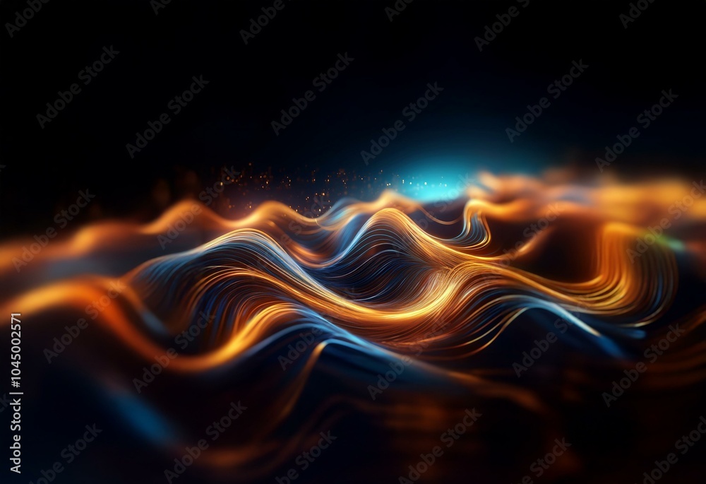 Abstract glowing lines form swirling waves on a dark background. Abstract glowing lines form swirling waves on a dark background.