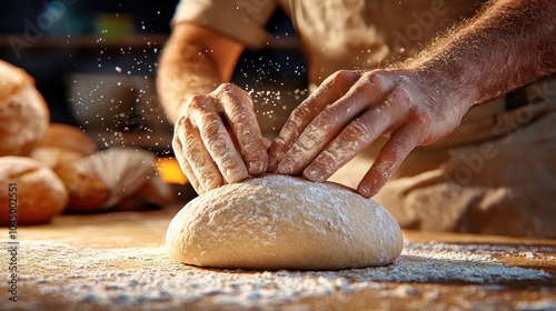 Baker Kneading Dough in Rustic Kitchen Scene photo