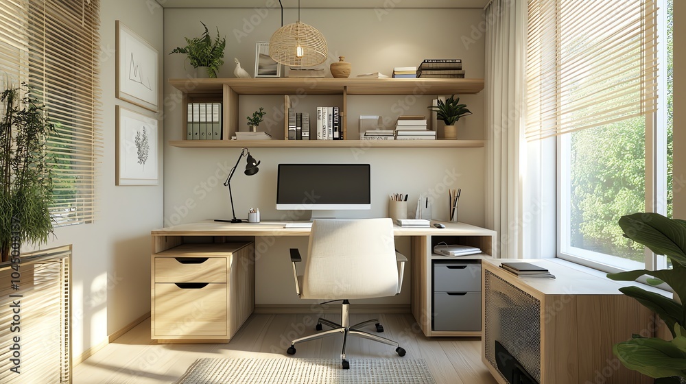 Fototapeta premium A minimalist home office with a large desk, a comfortable chair, and a large window overlooking a garden.