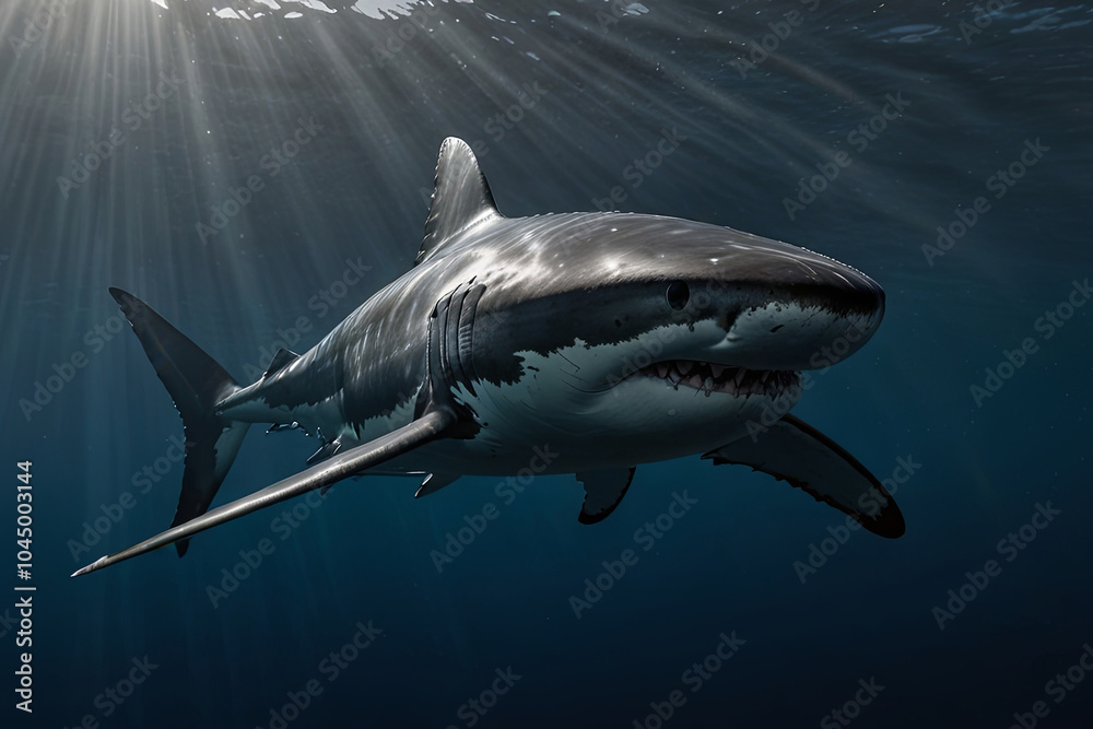 Fototapeta premium Majestic Great White Shark Gliding Through Deep Blue Waters