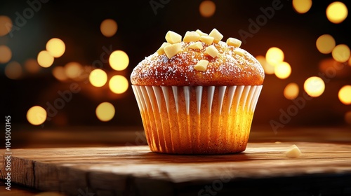 Glowing Muffin on Wooden Surface with Soft Bokeh Background