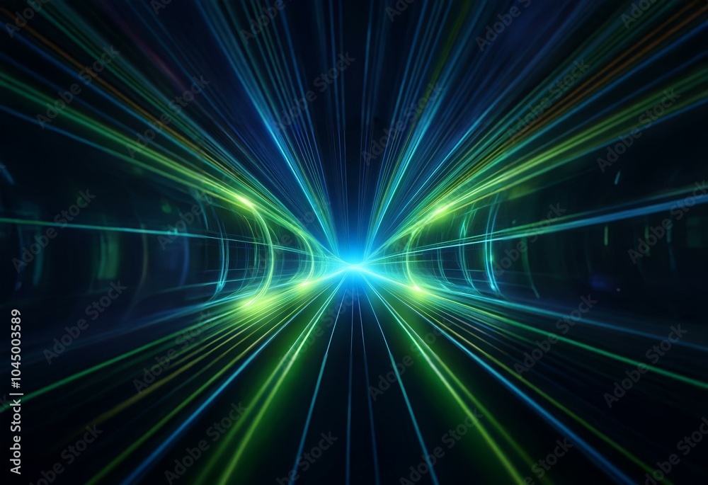 Abstract light streaks of green and blue converge at a vanishing point in the distance. Abstract light streaks of green and blue converge at a vanishing point in the distance.