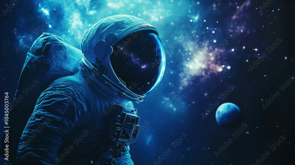 Astronaut in helmet floating in space, side view, open space, milky way, stars and planets background. Generative AI Astronaut in helmet floating in space, side view, open space, milky way, stars and planets background. Generative AI
