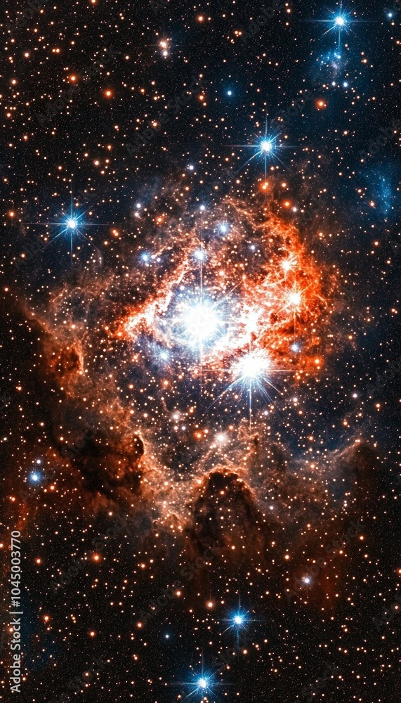 Fototapeta premium A vibrant nebula shines with a bright, white core surrounded by swirling orange and red gas. Tiny, twinkling stars fill the black background.