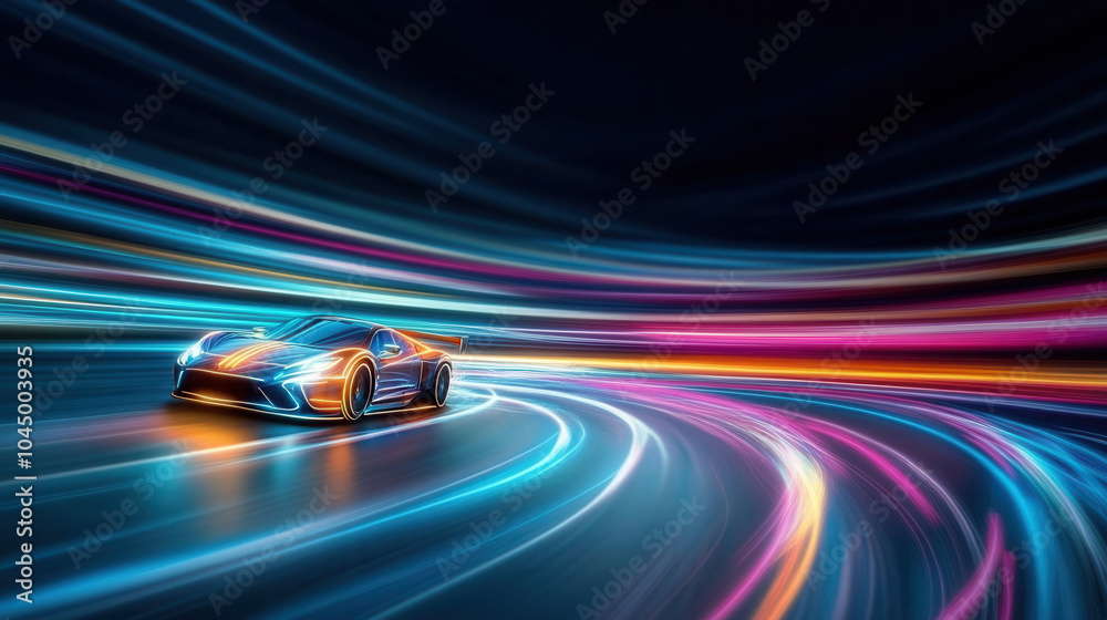 sleek car drifts through vibrant neon lit cityscape, leaving trails of colorful light in its wake, creating dynamic and exhilarating atmosphere sleek car drifts through vibrant neon lit cityscape, leaving trails of colorful light in its wake, creating dynamic and exhilarating atmosphere