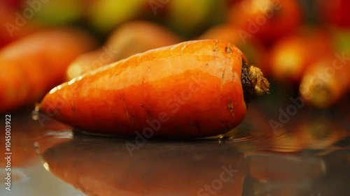 Cinematic Slow Motion of Carrot Falling on Table: Cooking with Fresh Organic Vegetables in the Kitchen. High quality FullHD footage