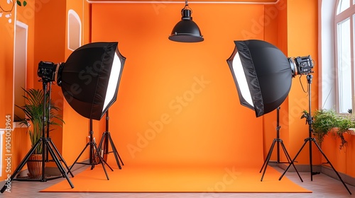 A photography studio set up with two lights and an orange backdrop.