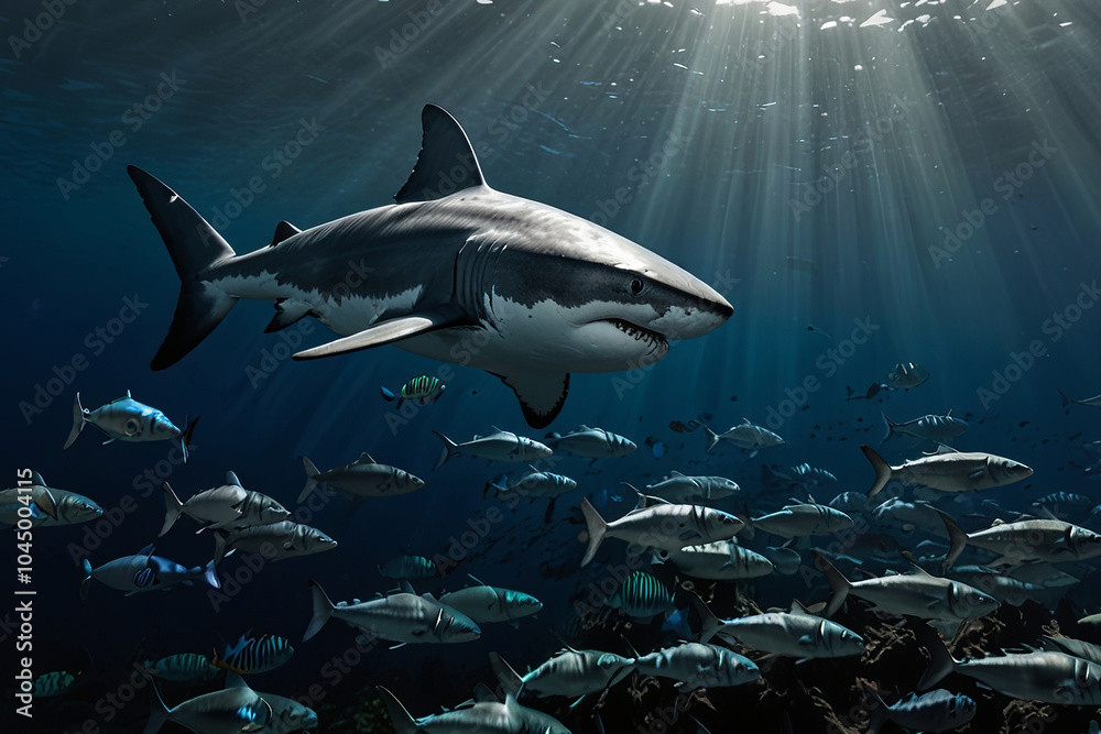 Obraz premium Majestic Great White Shark Gliding Through Deep Blue Waters