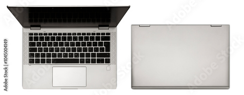 Modern light gray laptop with sleek design, on transparent background. Top view. Cut out computer, notebook with black, blank display and closed. Technology, work from home theme, office equipment..