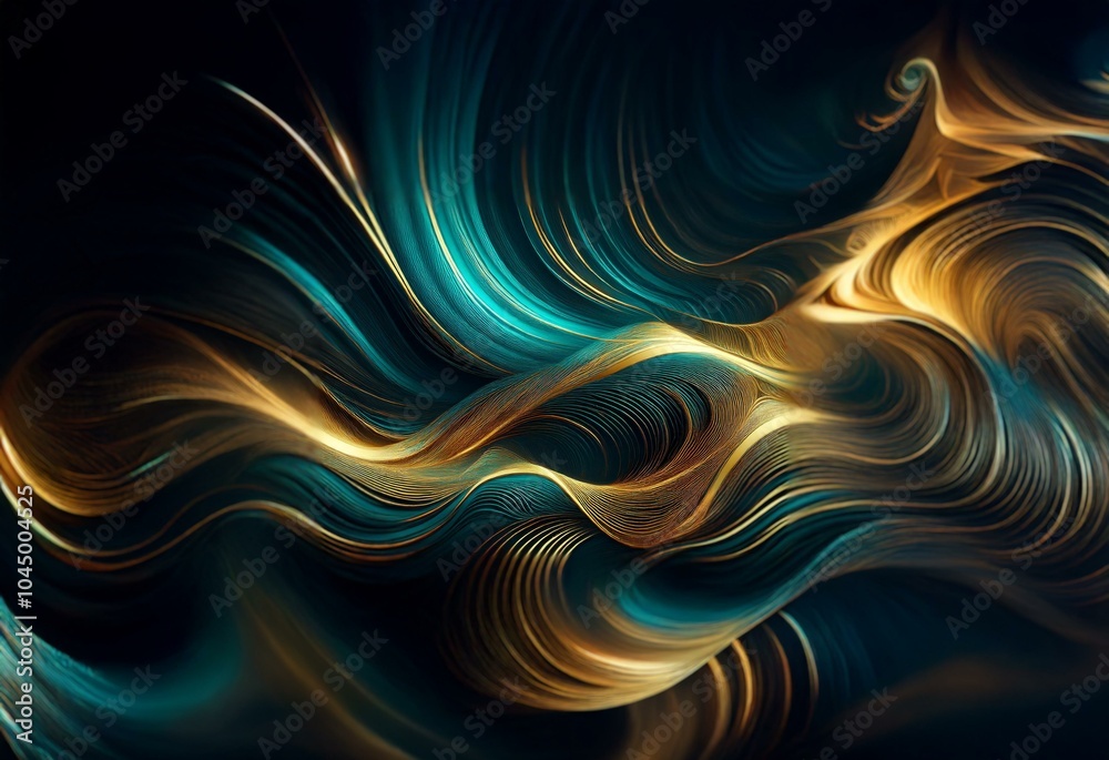 Abstract artwork with swirling teal and gold lines on a dark background. Abstract artwork with swirling teal and gold lines on a dark background.