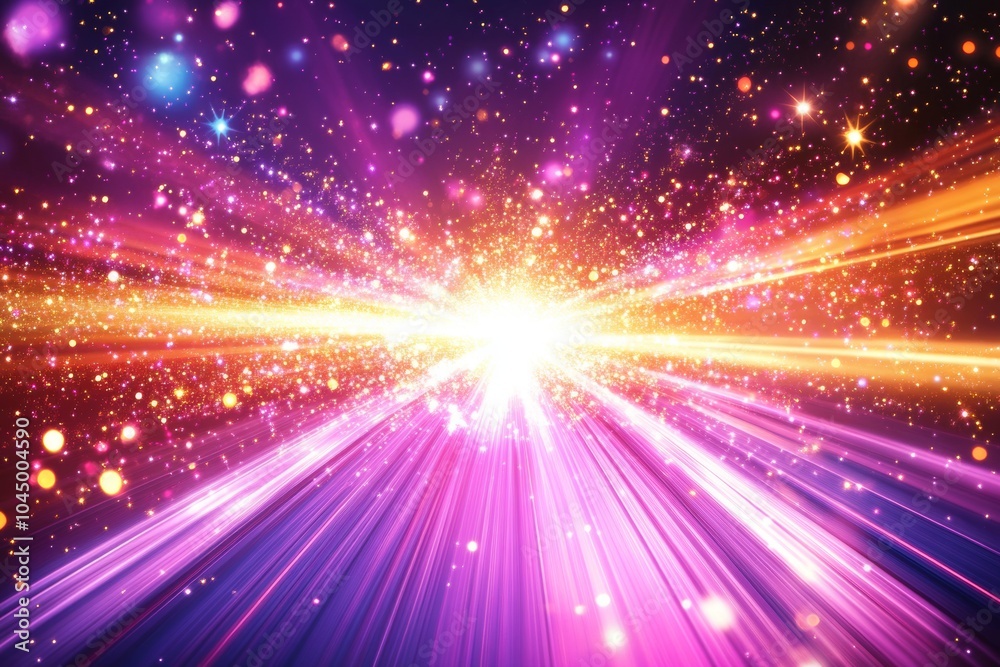 Fototapeta premium Abstract colorful light beams and glittering particles create a dazzling and energetic visual.