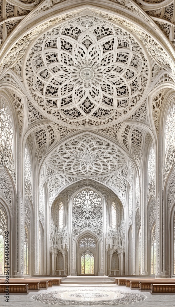 Intricate white architectural details adorn the ceiling of a mosque, creating a stunning and awe-inspiring interior. Intricate white architectural details adorn the ceiling of a mosque, creating a stunning and awe-inspiring interior.
