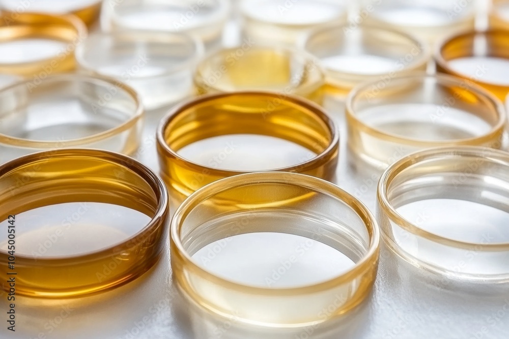 Close up of clear and amber glass rings arranged in a pattern on a white surface. Close up of clear and amber glass rings arranged in a pattern on a white surface.