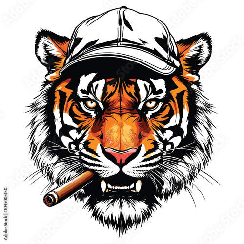 Tiger Wearing Cap with Cigar Bold Animal Vector Illustration