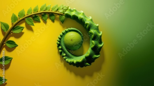 A fern frond uncurling in a spiral, with the texture and color shifting from soft green to deeper hues. photo