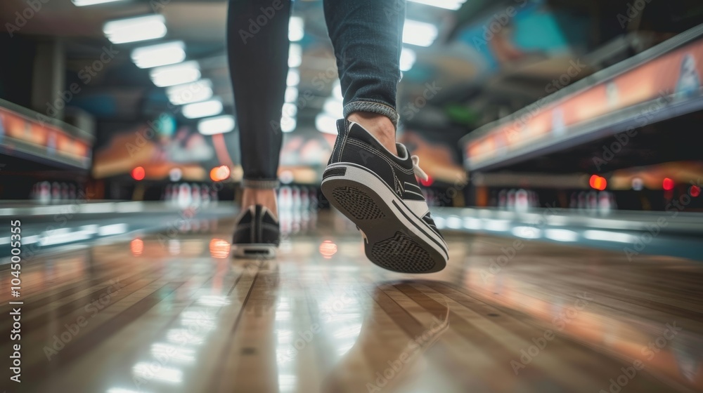 Fototapeta premium Closeup of a bowlers feet with their rental shoes gliding smoothly across the glossy lane.