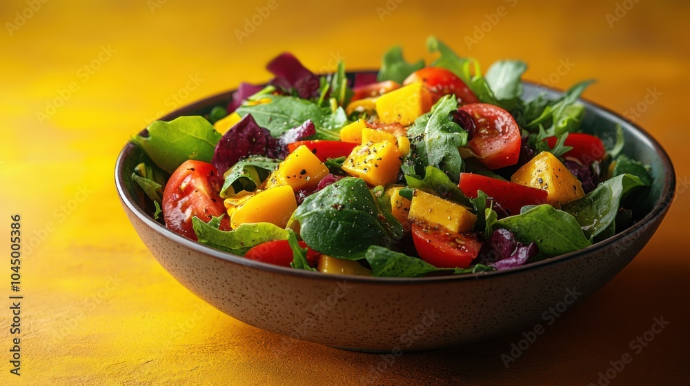 A Delicious American-Style Salad Bowl with Vivid Dressing Perfect for a Healthy Meal or Catering Events A Delicious American-Style Salad Bowl with Vivid Dressing Perfect for a Healthy Meal or Catering Events