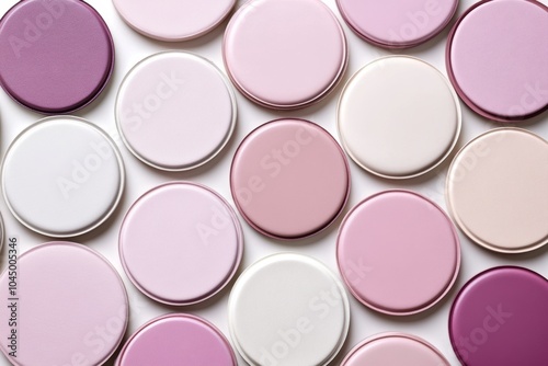 A collection of round paint swatches in various shades of pink and white, arranged in a pattern on a white surface.