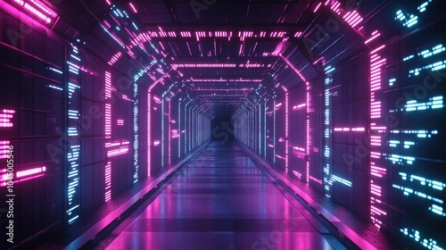 Neon Tunnel of Digital Binary Code