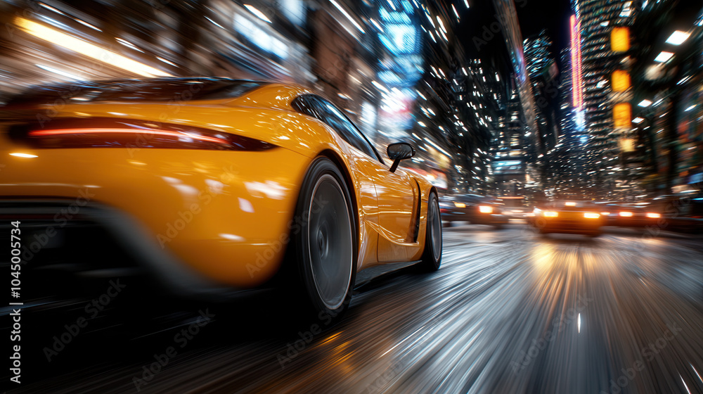 sleek yellow sports car speeds through vibrant neon lit cityscape, capturing essence of urban nightlife and motion. dynamic blur emphasizes thrill of driving in bustling metropolis sleek yellow sports car speeds through vibrant neon lit cityscape, capturing essence of urban nightlife and motion. dynamic blur emphasizes thrill of driving in bustling metropolis