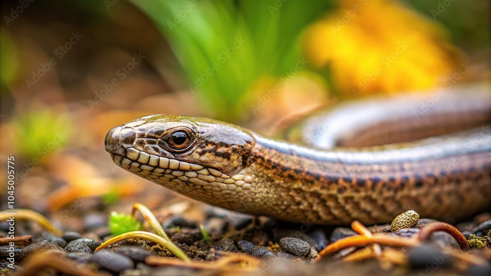 Close-up slow worm sneaking in forest Close-up slow worm sneaking in forest
