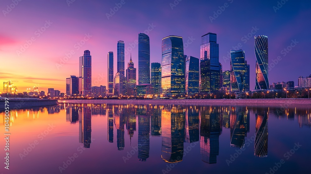 Fototapeta premium Aerial view of a city skyline at dusk with vibrant pink and orange sky.