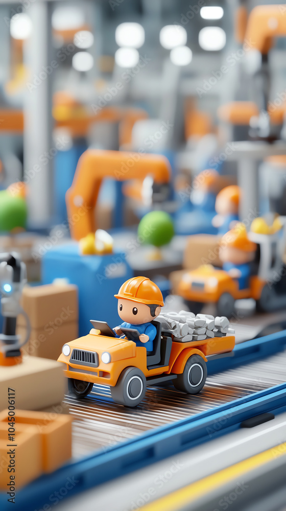 Fototapeta premium Playful miniature construction scene with toy vehicles in a factory setting