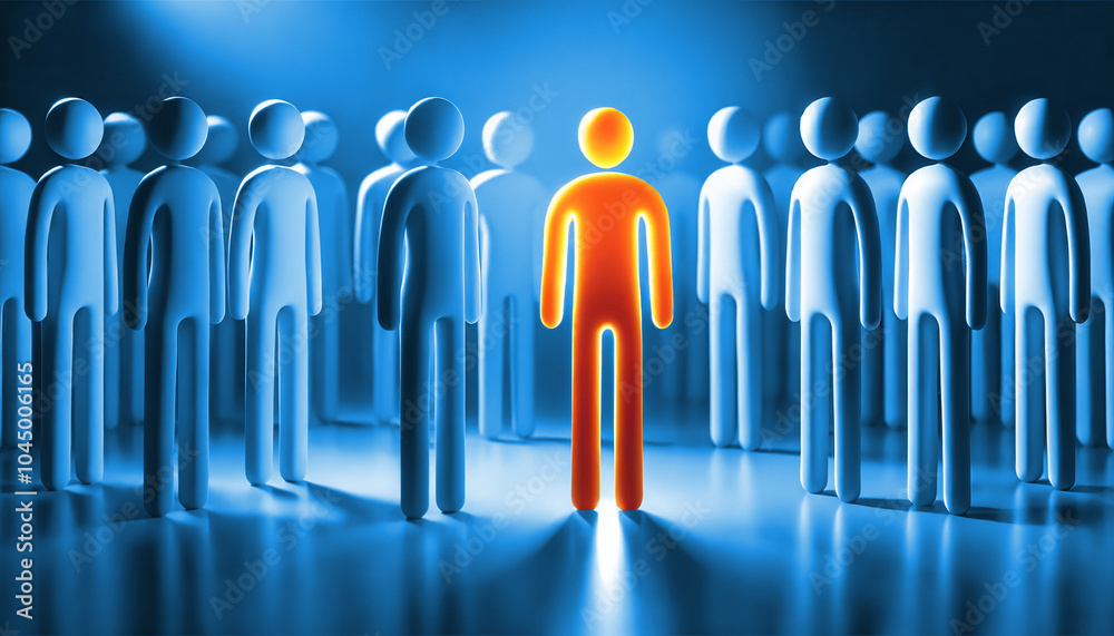 Glowing orange figure among blue silhouettes, symbolizing individuality and leadership Glowing orange figure among blue silhouettes, symbolizing individuality and leadership