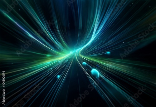 Abstract glowing blue and green lines radiate outward from a central point, creating a sense of speed and energy.