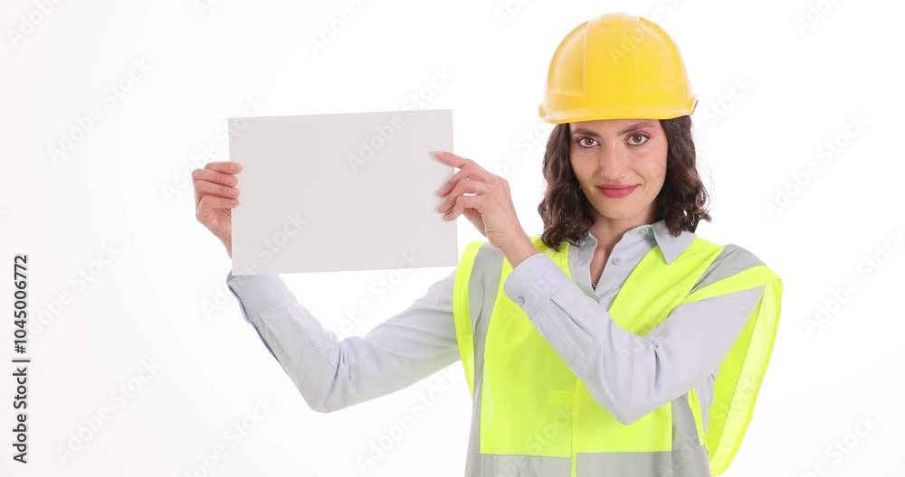 Woman engineer in hardhat holds blank sheet of paper. Female construction worker in safety vest stands with clean page for notice slow motion Woman engineer in hardhat holds blank sheet of paper. Female construction worker in safety vest stands with clean page for notice slow motion