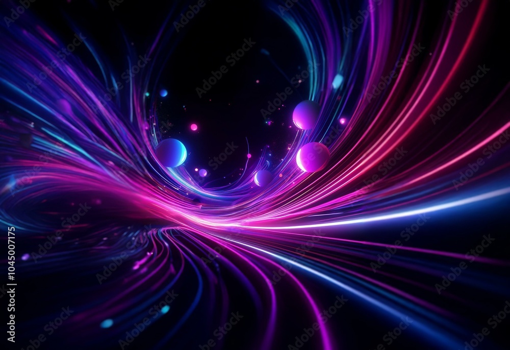Vibrant streaks of pink and blue light twist and turn through a dark space. Vibrant streaks of pink and blue light twist and turn through a dark space.