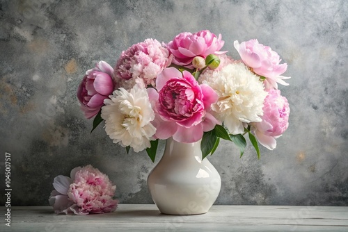 Close-Up Still life of pink and white peonies in white vase on textured gray backdrop