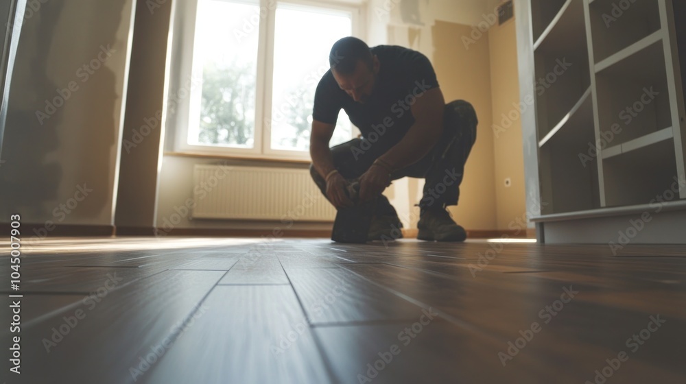 Man installing laminate flooring in a new home Man installing laminate flooring in a new home