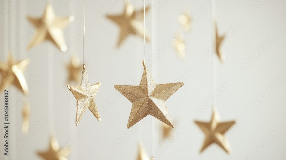 Gold stars gently suspended from thin strings, set against a white backdrop, offering a serene and delicate visual. Gold stars gently suspended from thin strings, set against a white backdrop, offering a serene and delicate visual.