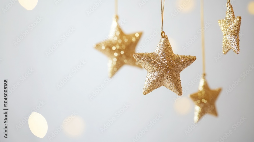 Gold stars hanging delicately from strings against a pure white background, evoking a feeling of elegance and simplicity. Gold stars hanging delicately from strings against a pure white background, evoking a feeling of elegance and simplicity.