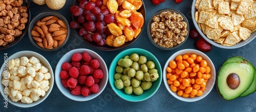 A variety of colorful snacks in small bowls, including raspberries, almonds, olives, dried fruit, and crackers, against a dark background.