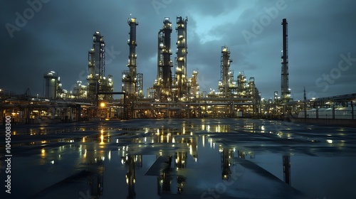 A massive oil and gas intertwined industrial complex with towering towers, pipes, and tanks at night